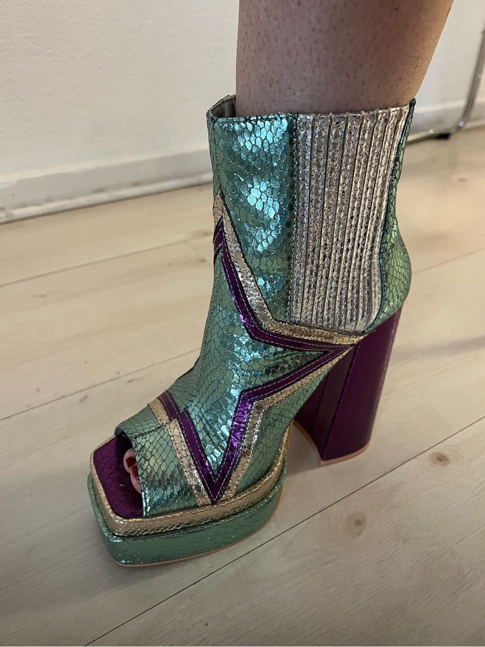 Nasty Gal Green and Purple Metallic Snakeskin Platform Booties - Picture 3 of 3